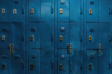 Obraz premium A wall of blue school lockers with brass locks, creating an atmosphere reminiscent of high school and college memories.