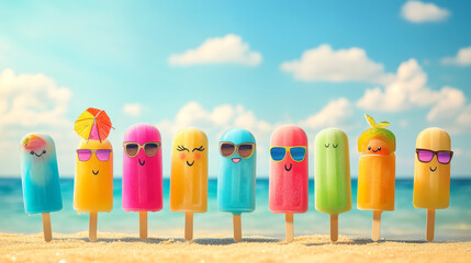 Ice cream characters on summer sea beach. Funny popsicle eskimo pies with kawaii face express emotions, listen music, melting on heat, wear sunglasses and drinking cocktail cartoon vector illustration
