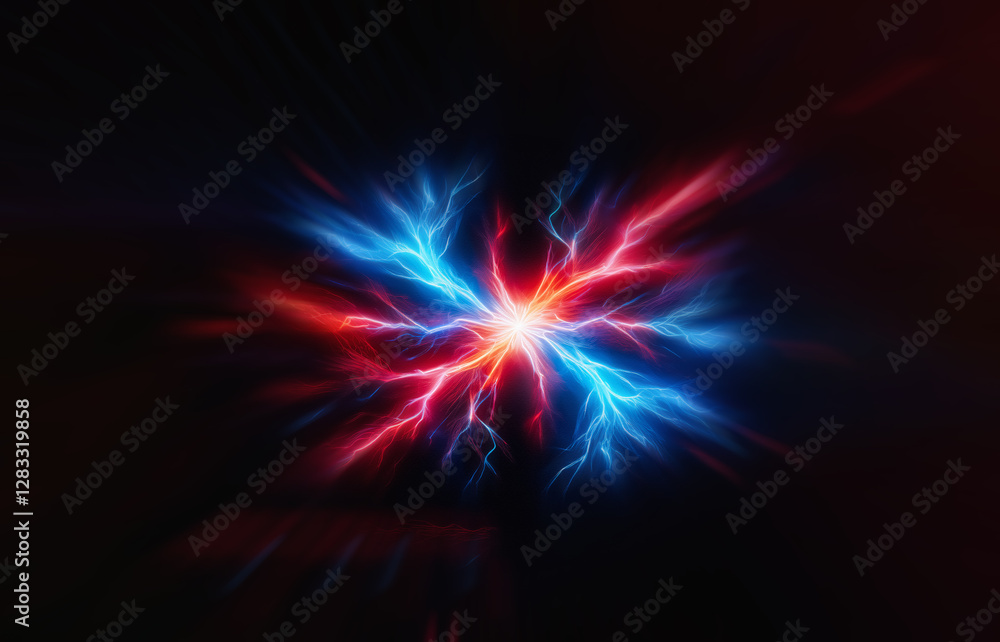 Fototapete a vibrant energy core pulses with red and blue electric streams, radiating light against a dark back