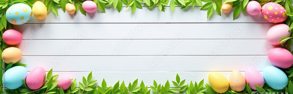 Poster colorful easter banner with double egg side border against a white wood background features a large 