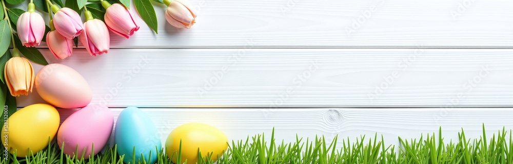Poster Colorful Easter Banner With Double Egg Side Border Against A White Wood Background Features A Large Copy Space Above It. 00002