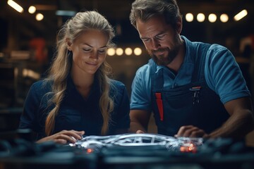 Innovative Automotive Design: Engineers Collaborate on Futuristic Car Concept in Workshop