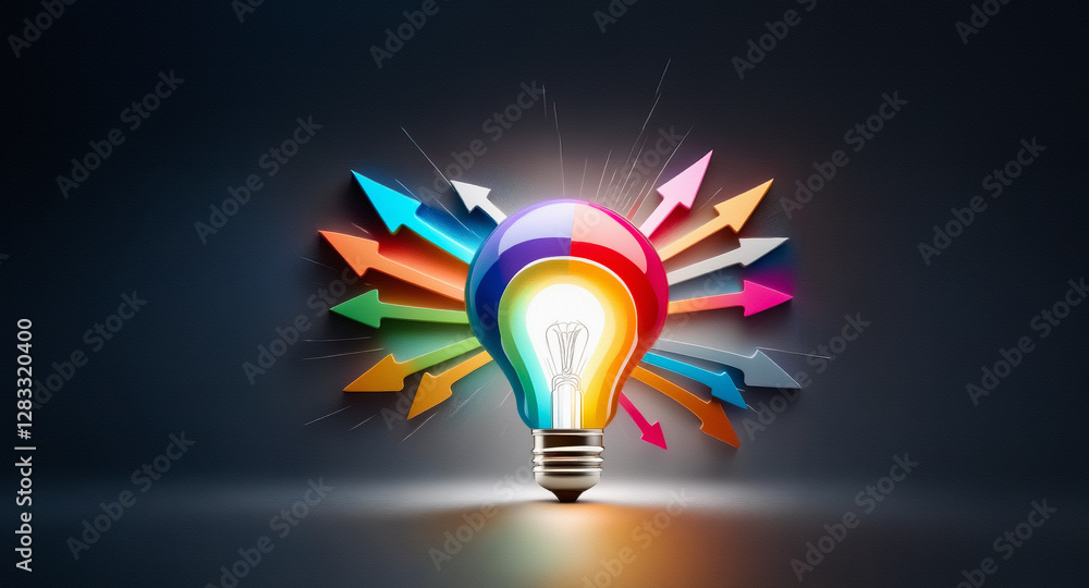 Aufkleber a luminous light bulb radiates bright light, surrounded by colorful arrows pointing outwards on a da