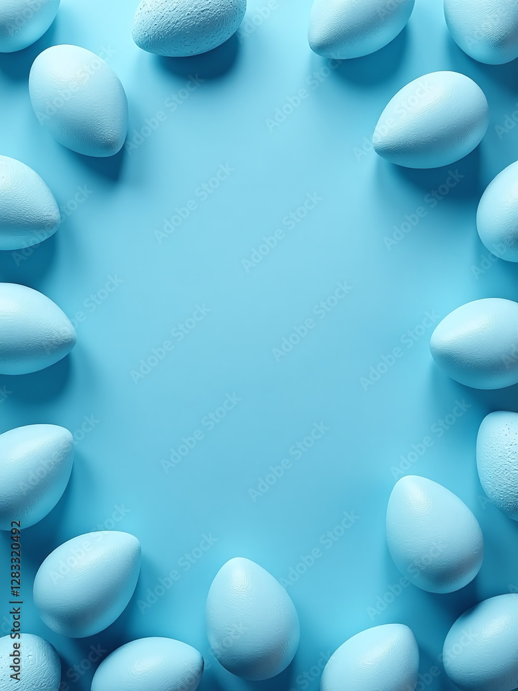 Poster classic blue easter eggs with various textures on a matching seamless blue background in web banner 