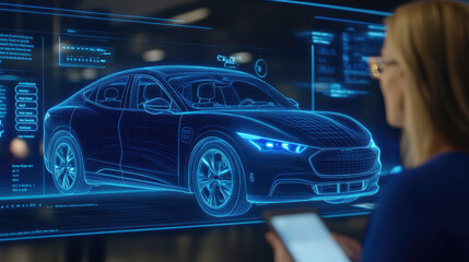 Futuristic Car Design on Digital Interface with Engineer Holding Tablet