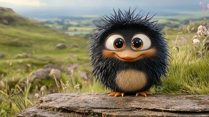 Fototapeta premium Closer view of a stuffed animal on top of a stone amidst a meadow of blades and scattered flowers, surrounded by more rocks