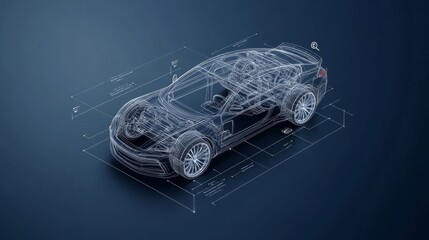Blueprint Rendering of a Modern Sports Car on Dark Background