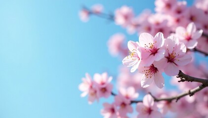 Fototapeta premium Soft focus of blooming sakura trees against a clear blue sky, blue sky, peaceful