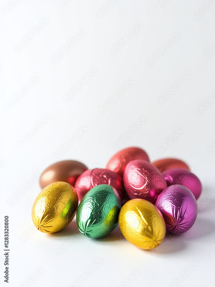 Poster chocolate eggs wrapped in bright foil are set against a clean white background as part of a colorful