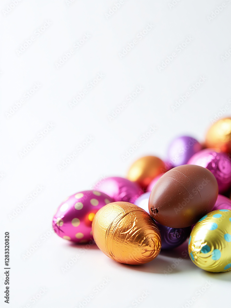 Poster chocolate eggs wrapped in bright foil are set against a clean white background as part of a colorful