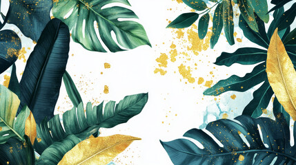 Tropical black gold monstera leaves on dark background vector set Beautiful botanical design with tropic jungle leaves, exotic plant and golden paint smear Wedding invitation card, holiday sale