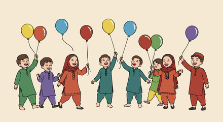 Fototapeta premium Joyful children celebrate Eid al-Fitr holding colorful balloons, dressed in traditional attire, symbolizing happiness and community spirit.