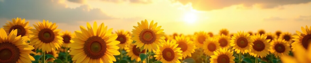 Fototapeta premium Yellow and orange hues of a field of sunflowers against a gray sky, sky, sunlight, autumn