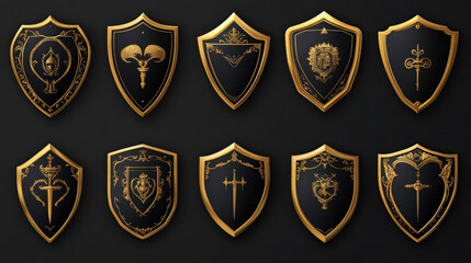 Obraz premium Gold and black shield icon collection. Heraldic shields, medieval royal vintage badges