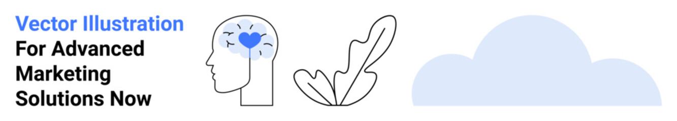 Human head with a heart in the brain, feather symbolizing inspiration, and a cloud suggesting innovation and imagination. Ideal for creativity, emotional intelligence, mindfulness, self-growth