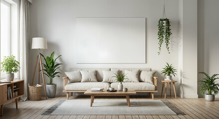 Fototapeta premium Modern Minimalist Living Room Interior Design Mockup with Beige Sofa and Plants home cozy calm decor