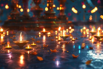 A beautiful and vibrant background of an Indian temple with many lit oil lamps on the ground, celebrating festival diwali.