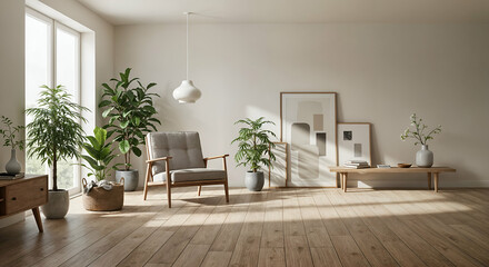Modern Minimalist Living Room Interior Design with Plants and Wooden Chair home cozy calm light