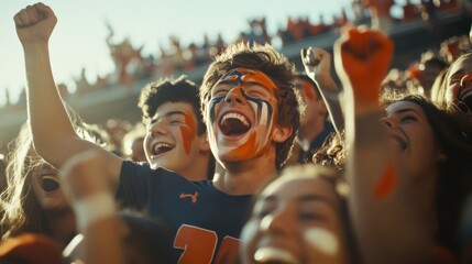 College stadium filled with excited students during a homecoming game. Featuring a vibrant atmosphere and school unity