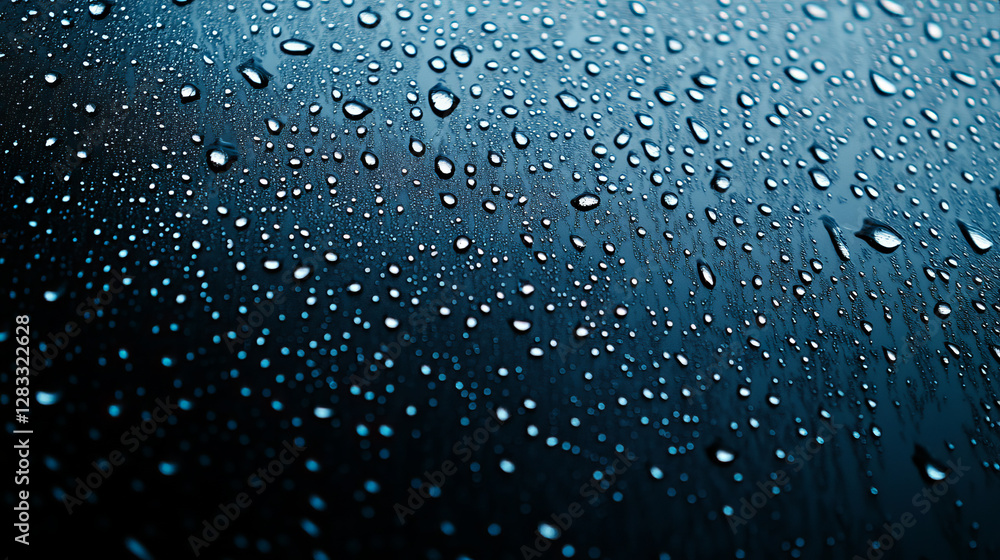 Poster water drops on black glass surface. realistic 3d vector dark background with transparent rain drople