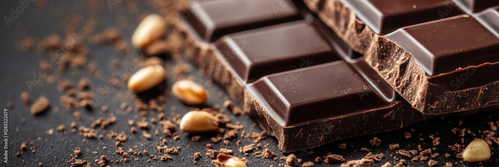 Poster Dark chocolate squares arranged on a black surface with cocoa powder and nuts scattered around. Generative AI