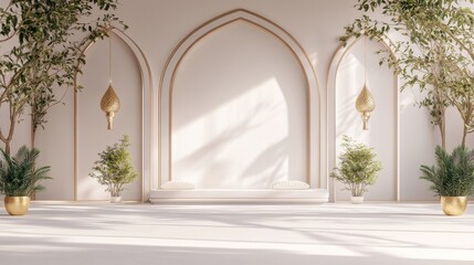 Serene Minimalist Indoor Space with Elegant Arches and Greenery