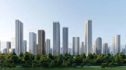 Fototapeta premium A modern city skyline with tall buildings surrounded by greenery, showcasing contemporary architecture under a clear blue sky.