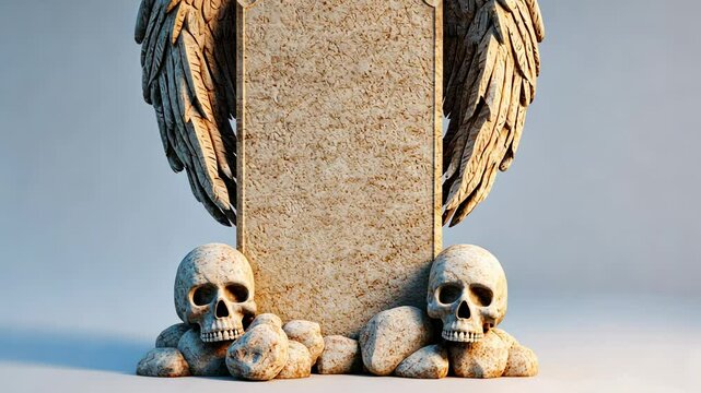 Ornate gravestone with angel wings and skulls, set against a soft gradient background