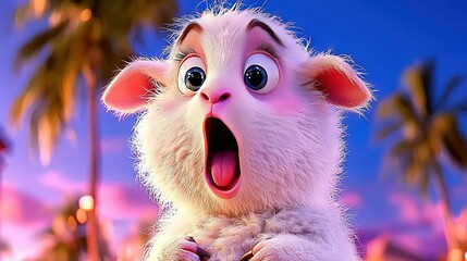   Close-up image of a furry creature with shocked expression and palm trees surrounding it