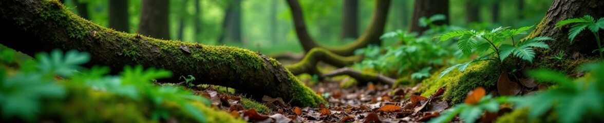 Obraz premium Ferns in a forest floor with fallen branches and moss, ferns, leaves, branch