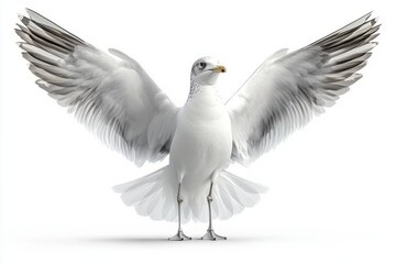 Fototapeta premium Seagull spreads its wings proudly while standing on a calm, sunny day by the shoreline