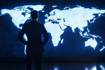 Strategic planning session global map visualization business environment professional setting analytical viewpoint decision making