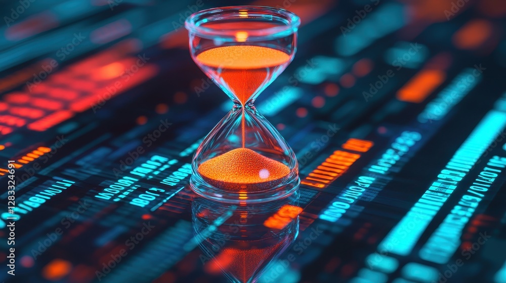 Poster a vibrant hourglass sits atop a digital backdrop, symbolizing the passage of time against a backdrop