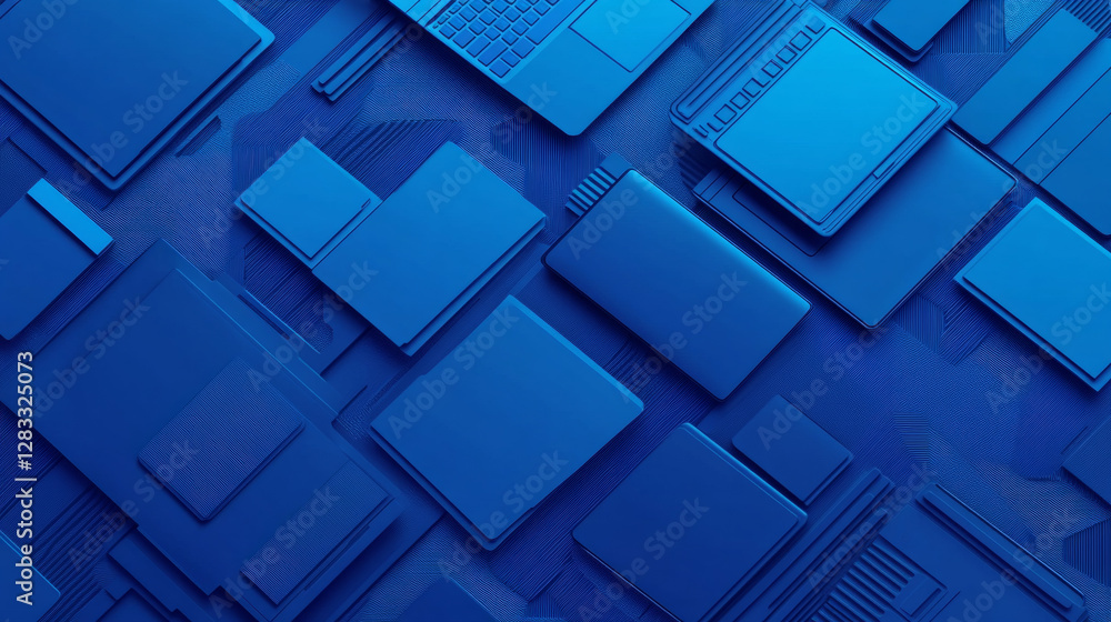 Poster seamless pattern with isometric modern laptops, notebook computers on blue background. technology wa