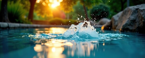 Obraz premium Blue waters splashing in a shallow pool under the shade of a tree at dawn, pool, blue water