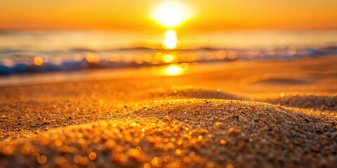 Fine grains of sand on a deserted beach at sunset with warm golden light filtering through the air