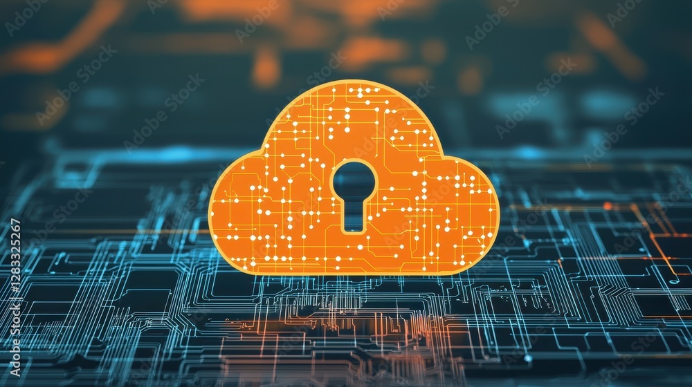 Poster a digital cloud icon with a lock symbolizes cybersecurity and data protection in a tech-themed envir