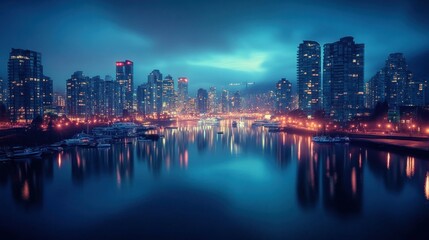 Fototapeta premium Night Cityscape Reflection: Yaletown, Vancouver's Serene Twilight