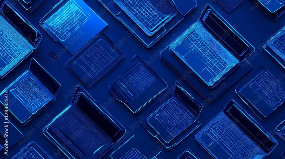 Poster seamless pattern with isometric modern laptops, notebook computers on blue background. technology wa