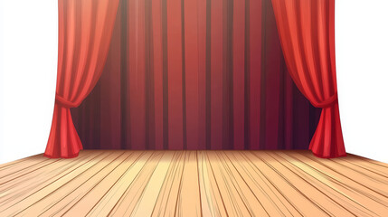 Theater stage with red curtains, wooden floor, white columns isolated on transparent background.Theatre scene interior with empty backdrop, vector cartoon illustration