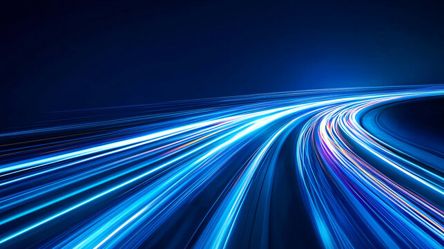 Abstract blue background with blurred light trails representing fast data transfer and innovation. - Powered by Adobe
