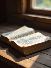 Fototapeta premium A Worn Leather Bible Lies Open On A Rustic Wooden Table, Illuminated By Gentle Sunlight Streaming Through A Nearby Window. 00002