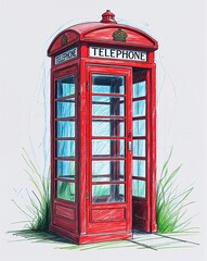 Fototapeta premium Classic red telephone booth with glass windows child like drawing on a white background crayon art whimsical youthful hand drawn cartoon