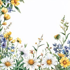 Floral Border Delight: A captivating floral arrangement, showcasing a mix of vibrant daisies and delicate wildflowers, rendered in watercolor.