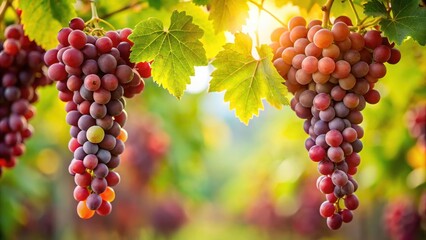 A bunch of red grapes hanging from a lush green vine with leaves and stems , vine, autumn,  vine