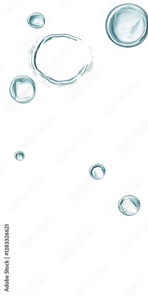 Poster abstract image featuring teal and blue bubbles on a transparent background. the bubbles vary in size