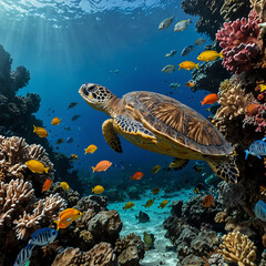 Obraz premium A massive sea turtle swimming through a coral reef