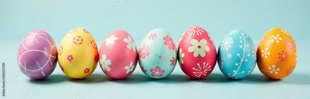 Poster A Vibrant Display Of Colorfully Decorated Easter Eggs In A Single Row Adds Festive Charm To Any Table Setting Easily. 00002