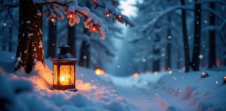 Lanterns and twinkling lights adorn a snowy forest, frosty, lights