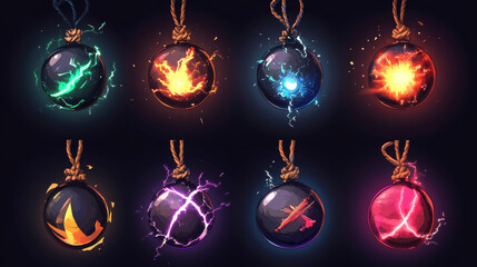 Bombs with fuse props game icons. Explosive military weapon with rope wick and green, red, blue, orange and purple electric lightnings. Cartoon metal balls 3d vector set, user assets, graphic elements